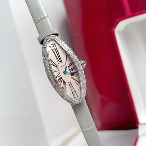 Vintage Baignoire 21mm Silver Diamond Case Grey Leather