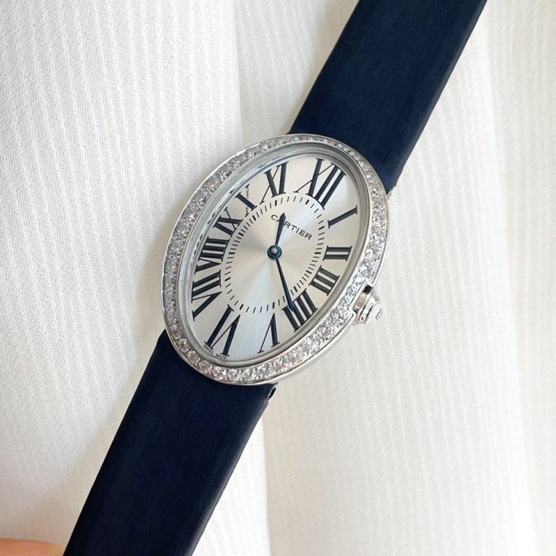 Baignoire 28mm Silver Diamond Case Black Silk Leather