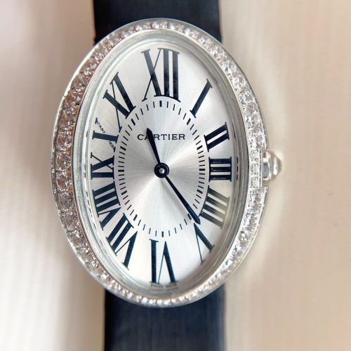 Baignoire 28mm Silver Diamond Case Black Silk Leather