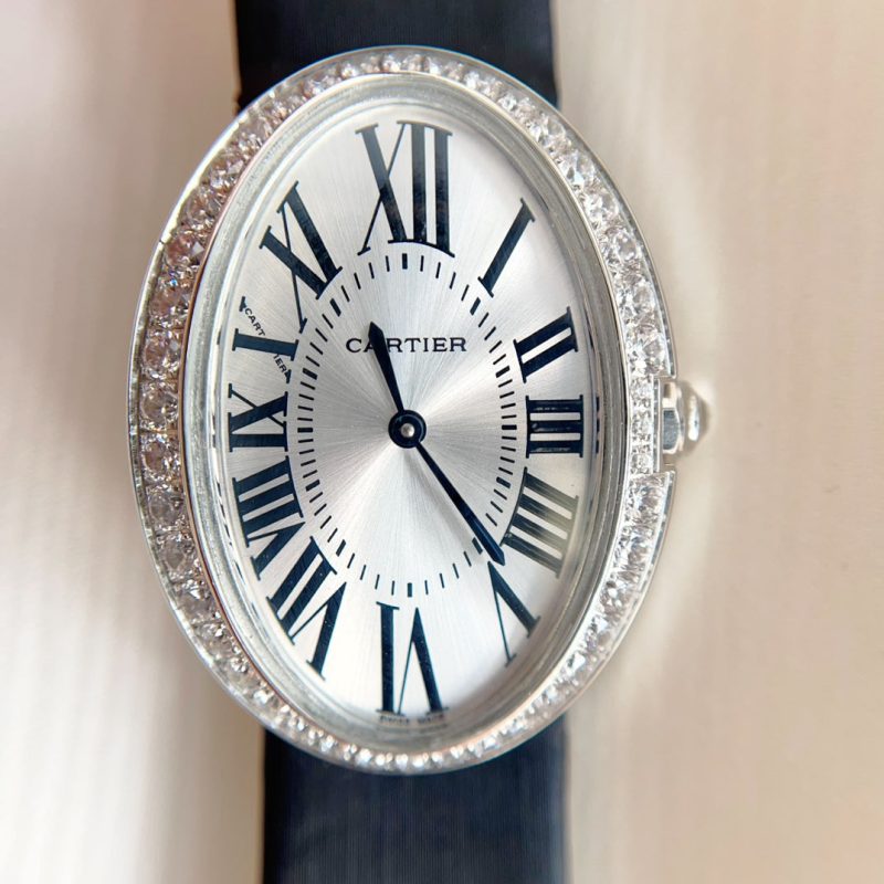 Baignoire 28mm Silver Diamond Case Black Silk Leather