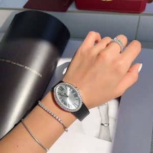 Baignoire 28mm Silver Diamond Case Black Silk Leather