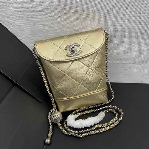 CC Phone Holder Bag 17cm Golden Metalic Leather
