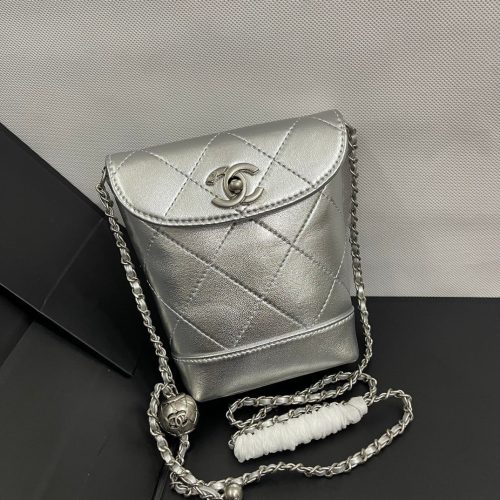 CC Phone Holder Bag 17cm Sliver Metalic Leather