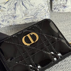CD Logo Caro 11cm Compact Wallet Shiny Black Calfskin