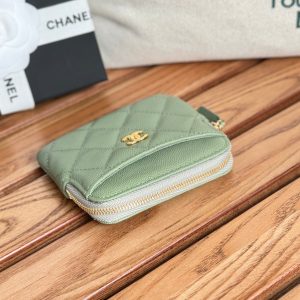 CC Zip Card Holder Wallet Olive Green Gold Metal Caviar 240599