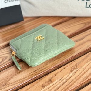 CC Zip Card Holder Wallet Olive Green Gold Metal Caviar 240599