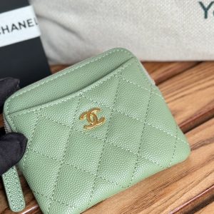 CC Zip Card Holder Wallet Olive Green Gold Metal Caviar 240599