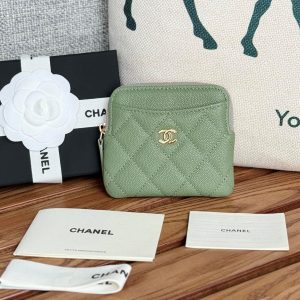 CC Zip Card Holder Wallet Olive Green Gold Metal Caviar 240599