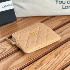 CC Zip Card Holder Wallet Beige Gold Metal Caviar 240603