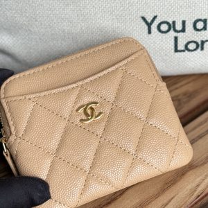 CC Zip Card Holder Wallet Beige Gold Metal Caviar 240603