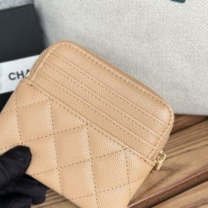 CC Zip Card Holder Wallet Beige Gold Metal Caviar 240603