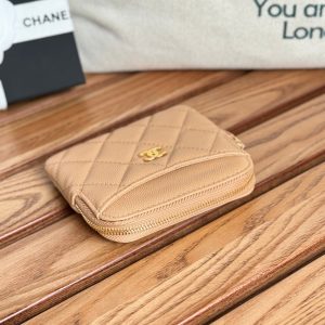 CC Zip Card Holder Wallet Beige Gold Metal Caviar 240603