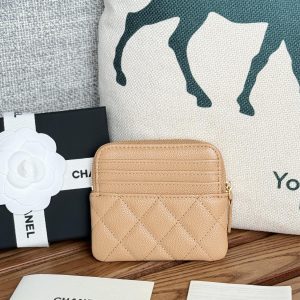 CC Zip Card Holder Wallet Beige Gold Metal Caviar 240603