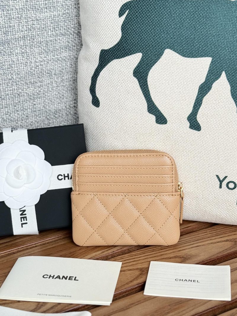 CC Zip Card Holder Wallet Beige Gold Metal Caviar 240603