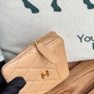 CC Zip Card Holder Wallet Beige Gold Metal Caviar 240603