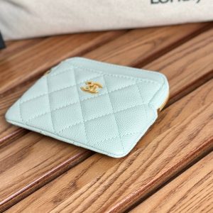 CC Zip Card Holder Wallet Light Blue Gold Metal Caviar 240605