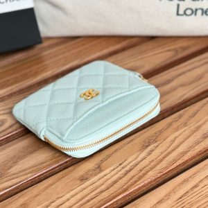 CC Zip Card Holder Wallet Light Blue Gold Metal Caviar 240605