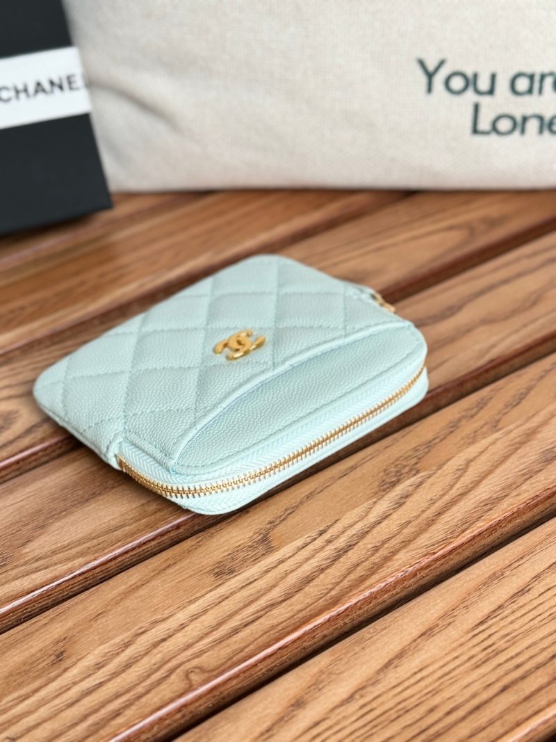 CC Zip Card Holder Wallet Light Blue Gold Metal Caviar 240605