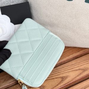 CC Zip Card Holder Wallet Light Blue Gold Metal Caviar 240605