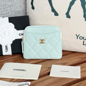 CC Zip Card Holder Wallet Light Blue Gold Metal Caviar 240605