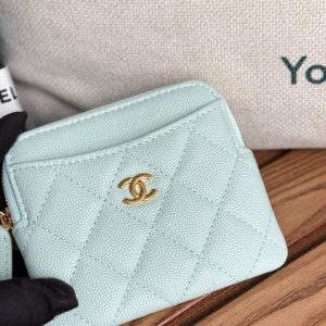 CC Zip Card Holder Wallet Light Blue Gold Metal Caviar 240605