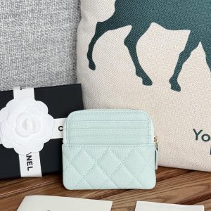 CC Zip Card Holder Wallet Light Blue Gold Metal Caviar 240605