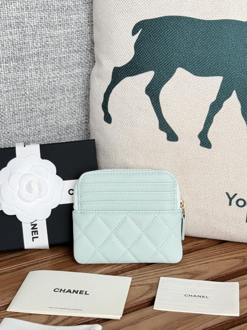 CC Zip Card Holder Wallet Light Blue Gold Metal Caviar 240605