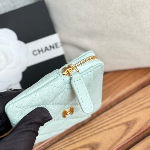 CC Zip Card Holder Wallet Light Blue Gold Metal Caviar 240605