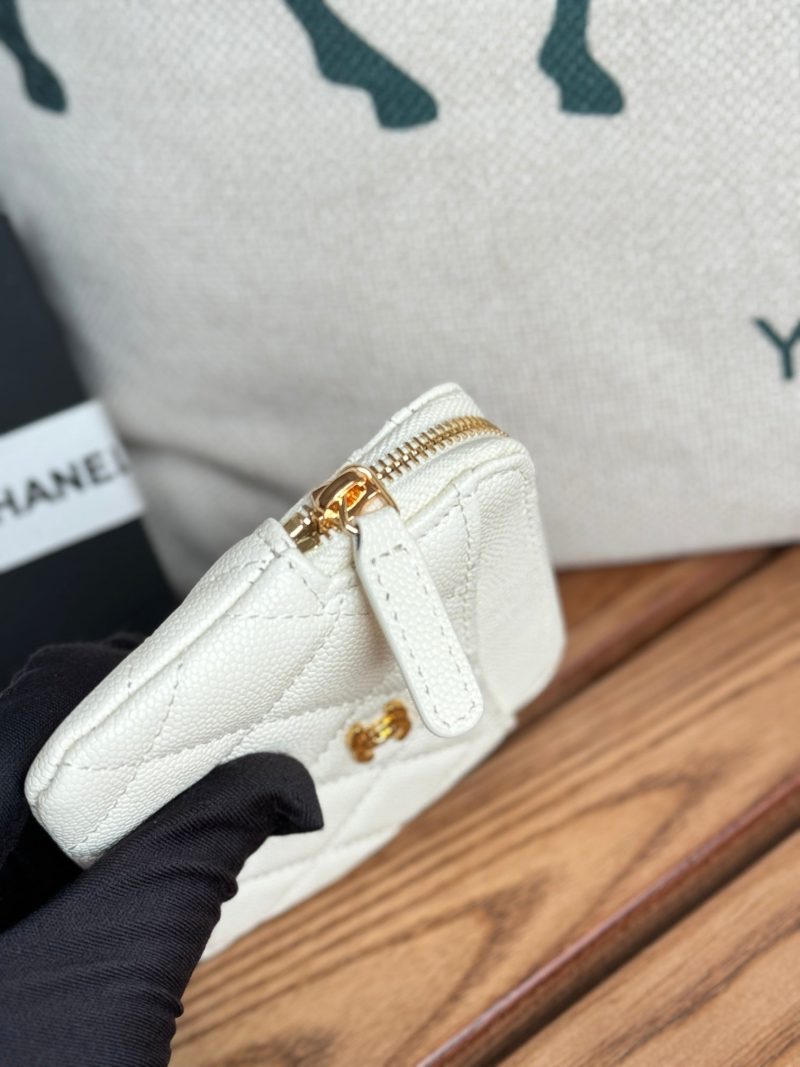 CC Zip Card Holder Wallet White Gold Metal Caviar 240607