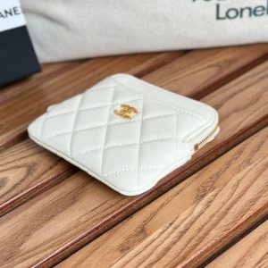 CC Zip Card Holder Wallet White Gold Metal Caviar 240607