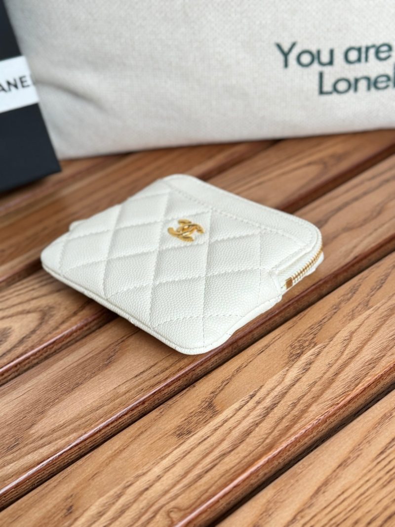 CC Zip Card Holder Wallet White Gold Metal Caviar 240607