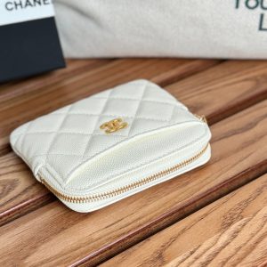 CC Zip Card Holder Wallet White Gold Metal Caviar 240607