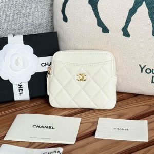 CC Zip Card Holder Wallet White Gold Metal Caviar 240607