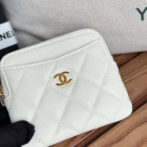 CC Zip Card Holder Wallet White Gold Metal Caviar 240607