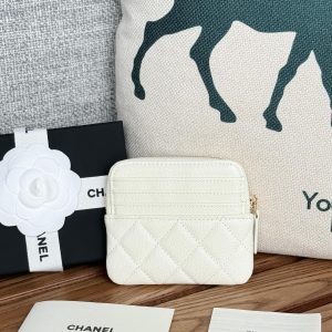 CC Zip Card Holder Wallet White Gold Metal Caviar 240607