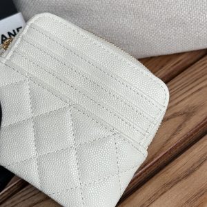 CC Zip Card Holder Wallet White Gold Metal Caviar 240607