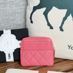 CC Zip Card Holder Wallet Pink Gold Metal Caviar 240613