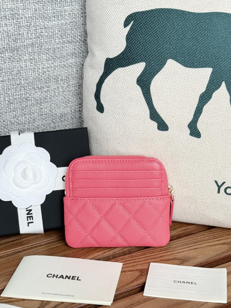 CC Zip Card Holder Wallet Pink Gold Metal Caviar 240613