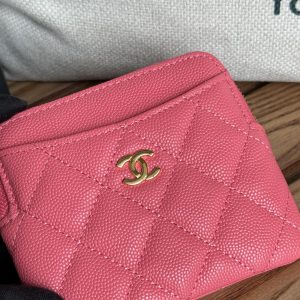 CC Zip Card Holder Wallet Pink Gold Metal Caviar 240613