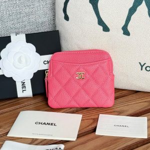 CC Zip Card Holder Wallet Pink Gold Metal Caviar 240613