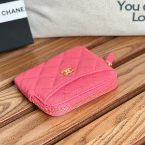 CC Zip Card Holder Wallet Pink Gold Metal Caviar 240613