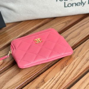 CC Zip Card Holder Wallet Pink Gold Metal Caviar 240613