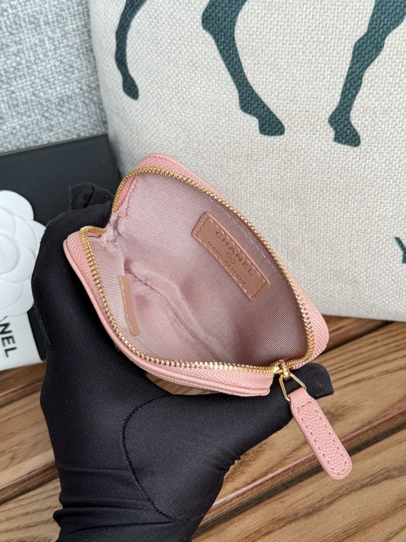 CC Zip Card Holder Wallet Light Pink Gold Metal Caviar 240615