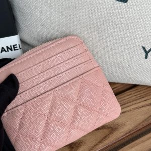 CC Zip Card Holder Wallet Light Pink Gold Metal Caviar 240615