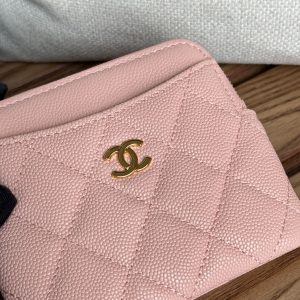 CC Zip Card Holder Wallet Light Pink Gold Metal Caviar 240615