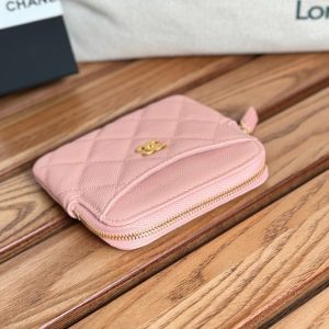 CC Zip Card Holder Wallet Light Pink Gold Metal Caviar 240615
