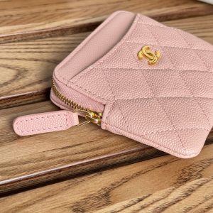 CC Zip Card Holder Wallet Light Pink Gold Metal Caviar 240615