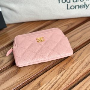 CC Zip Card Holder Wallet Light Pink Gold Metal Caviar 240615