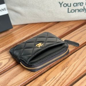 CC Zip Card Holder Wallet Black Gold Metal Lamskin 240617