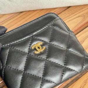 CC Zip Card Holder Wallet Black Gold Metal Lamskin 240617